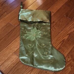 Green Satin Holiday Christmas Stocking Embroidered Flower Floral Poinsettia